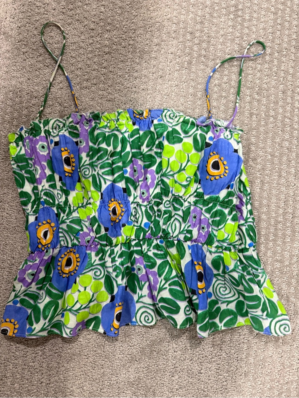 RHODE Floral Smocked Spaghetti-Strap Top - Green/Blue/Purple